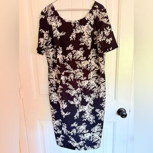 Vince Camuto Black and White Leaf Print Midi Dress